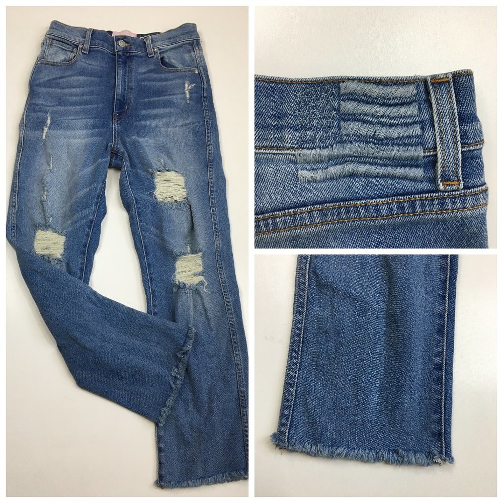 NWT REVICE Denim Medium Wash High Waist Distressed Frayed Hem 5 Pocket Jeans